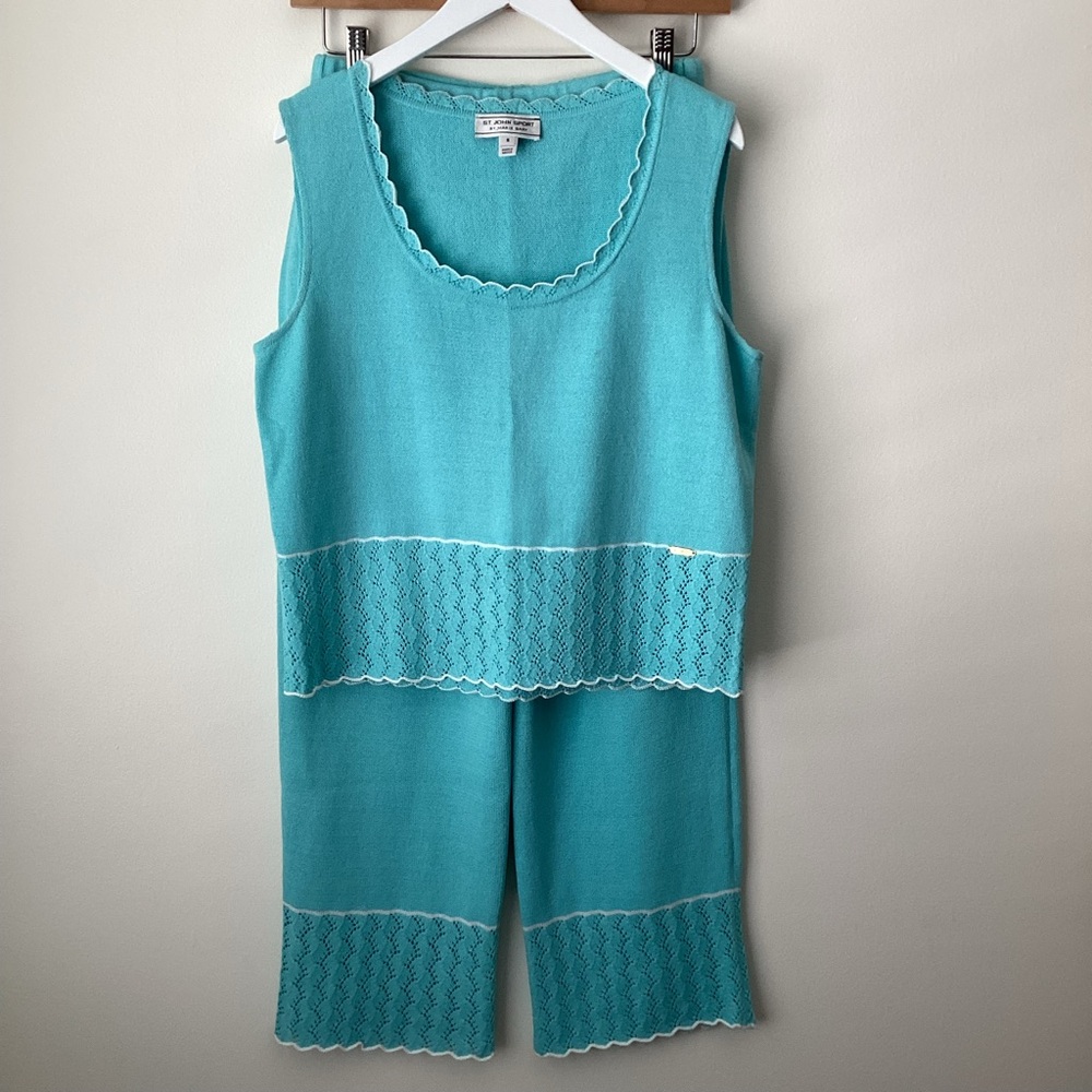 ST JOHN 2pc Set Santana Knit Turquoise Pants Shell